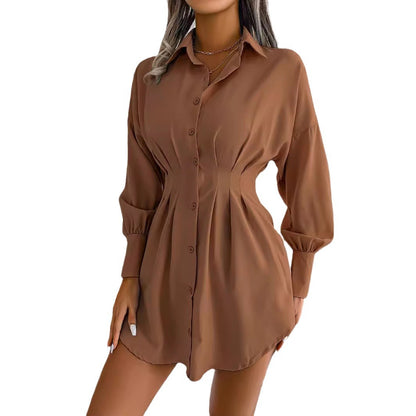 Women's Button Down Shirt Dress, Long Sleeve, Pleated Waist, Multiple Color Options Available