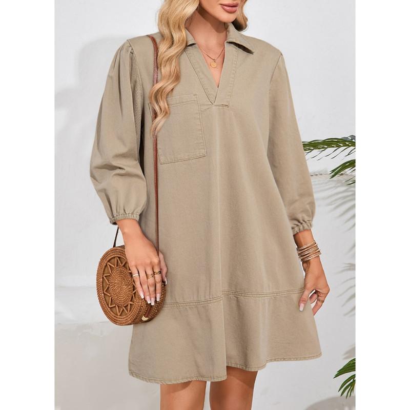 Denim Dress for Women Fashion Fall Casual Babydoll 2025 V Neck 3/4 Puff Sleeve Jean Dresses - Seldom Seen Styles