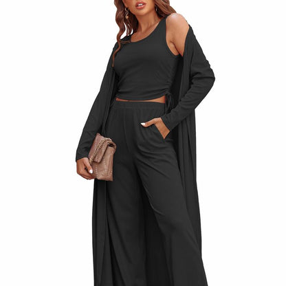 Cozy New  Women's 3 Piece Knit Lounge Set Long Sleeve Cardigan Sleeveless Top Pants Sweatsuit S-XXL