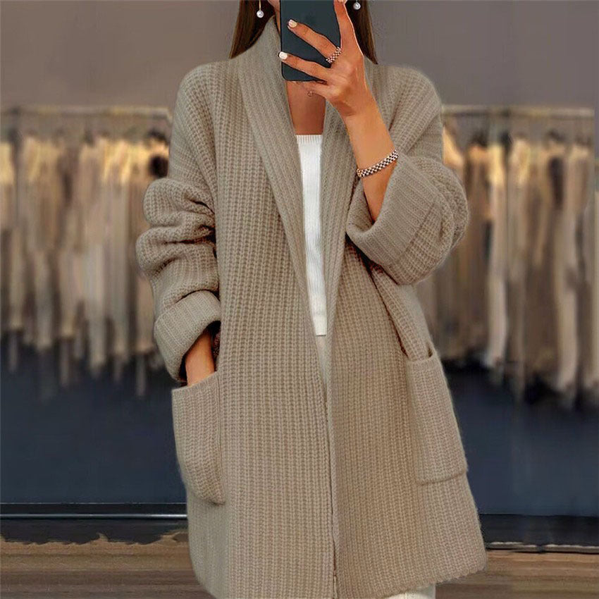 Foreign trade women's clothing2024Autumn and Winter New Women's Thickened Solid ColorVCollar Knitted Cardigan Loose Pockets Sweater Coat