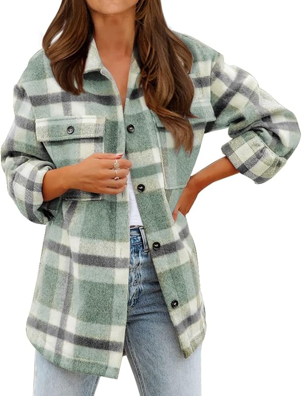 BTFBM Women Long Sleeve Button Down Jackets Plaid Flannel Shirts Tops Casual Lapel V Neck Oversized Shackets Blouses Top