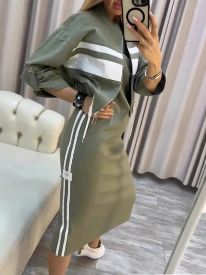 Olive Green Two Piece Skirt Set for Women – Casual Chic Midi Dress with Zip-Up Long Sleeve Jacket