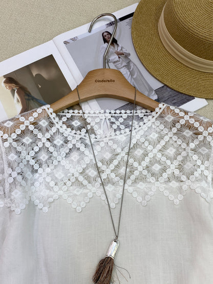 Women's Lace Patchwork Puff Sleeve Blouse Shorts Two-Piece Set Linen Cotton Summer Beach Vacation Outfit
