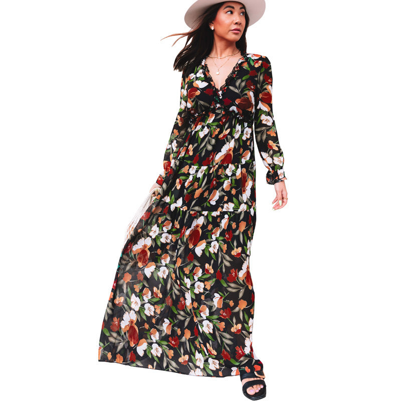 European and American Fashion V Collar Tulle Floral Print Long Sleeve Dress Women Autumn New Loose Casual Chiffon Dress for Women