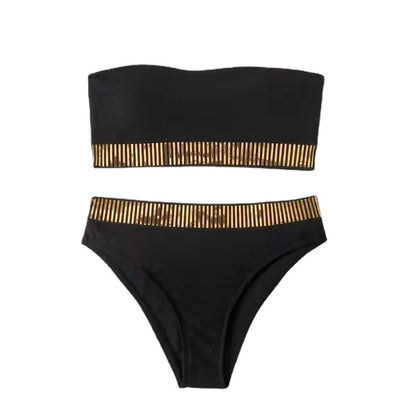 metallic swimsuit black bikini Solid Color High-waisted Two-piece Bikini Women's Swimwear - Seldom Seen Styles