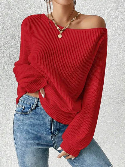 Women's Minimalist Solid Drop Shoulder Asymmetrical Neck Knit Top