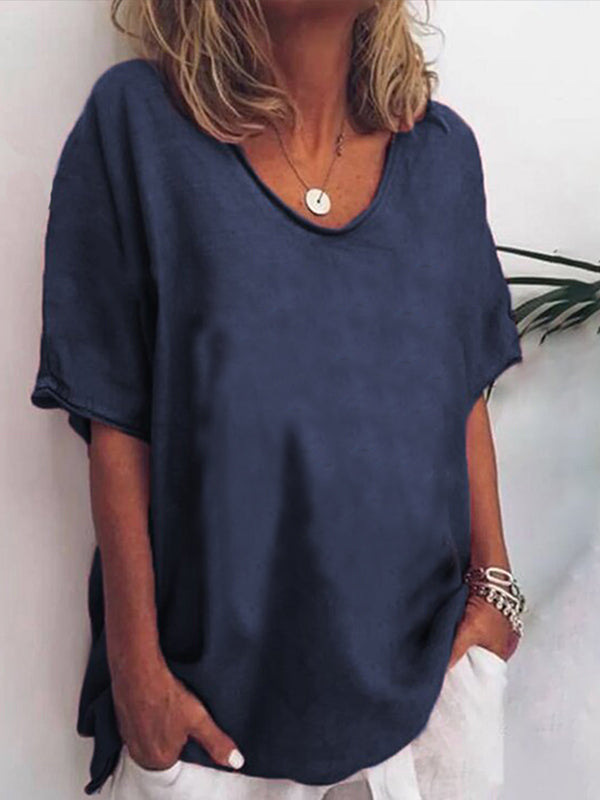 Solid color V-neck short-sleeved plus size women's T-shirt - Seldom Seen Styles