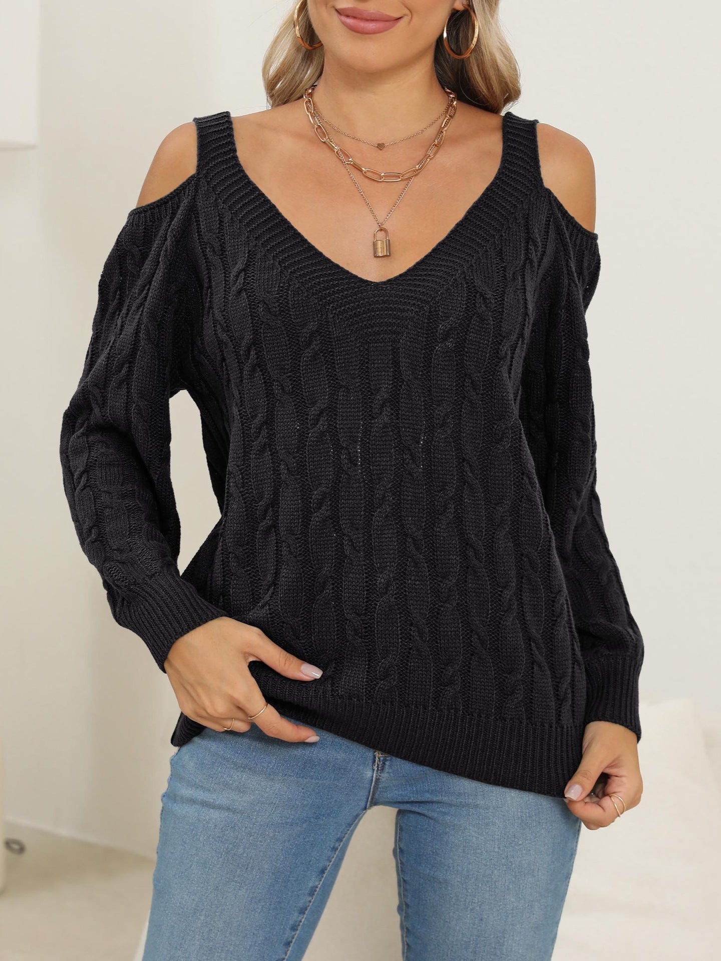 Gestricktes Unterhemd Grenzüberschreitendes europäisches und amerikanisches Herbst- und Winter-Damen-DeepVSexy schulterfreies, lockeres Pullover-Damen-Top672 