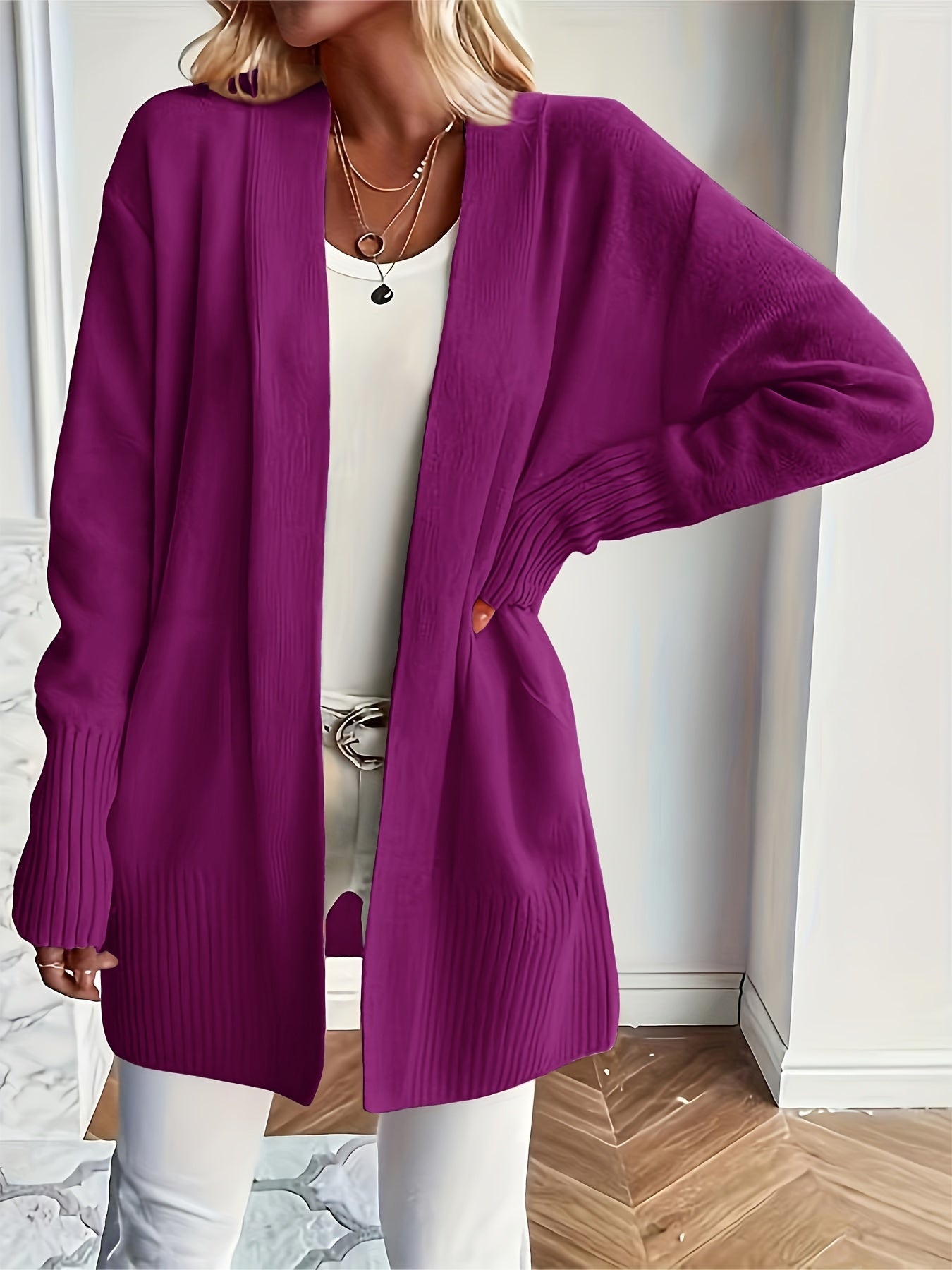 Chic Long Sleeve Knit Cardigan - Cozy Pockets & Open Front - Versatile for Casual Wear, Women's Apparel