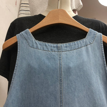 Women's Light Blue Denim Sleeveless Maxi Dress Square Neck Button Front Cotton Jean Dress