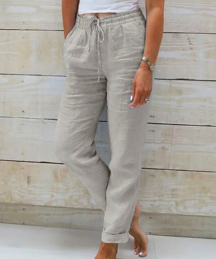 Womens Tapered Pants Cotton Linen Drawstring Back Elastic Waist Pants Casual Trousers with Pockets - Seldom Seen Styles