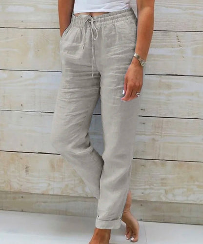 Pantalon fuselé pour femme en coton et lin avec cordon de serrage au dos et taille élastique, pantalon décontracté avec poches
