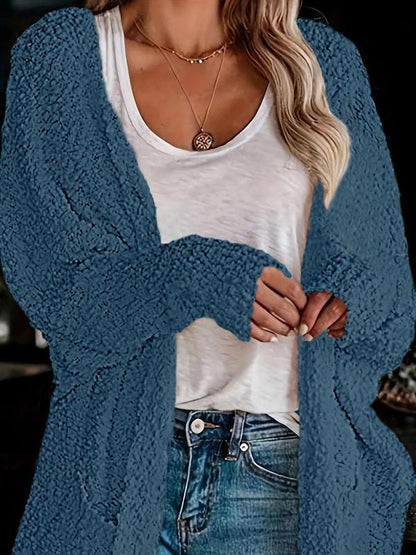 Women's Plain Pocket Batwing Sleeve Cardigan, Casual Long Sleeve Open Front Knitwear for Fall & Winter, Women's Knit Clothing for Daily Wear