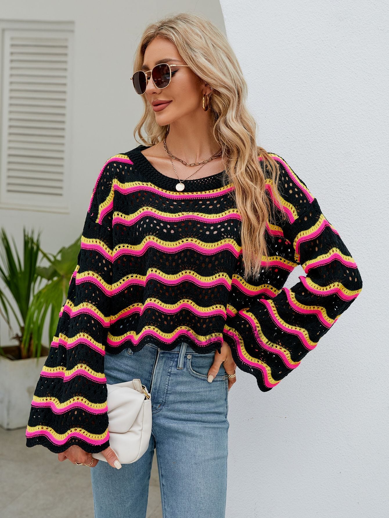 Spring and Autumn Women's Clothing Amazon Cross-Border Foreign Trade Fashion Long Sleeve Blouse round Neck European and American New Knitted Striped Sweater for Women