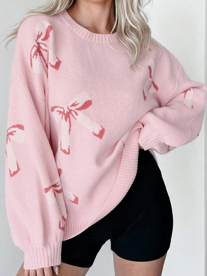 Women's  Popular Style Bow Jacquard Lazy and Loose Pullover Sweater