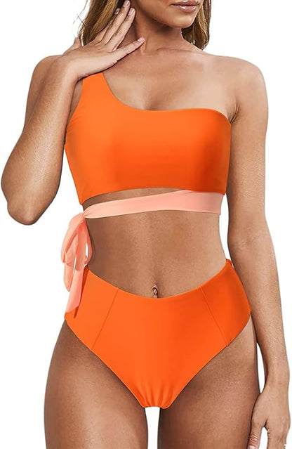 Women One Shoulder High Waisted Bikini Tie High Cut Two Piece Swimsuits - Seldom Seen Styles