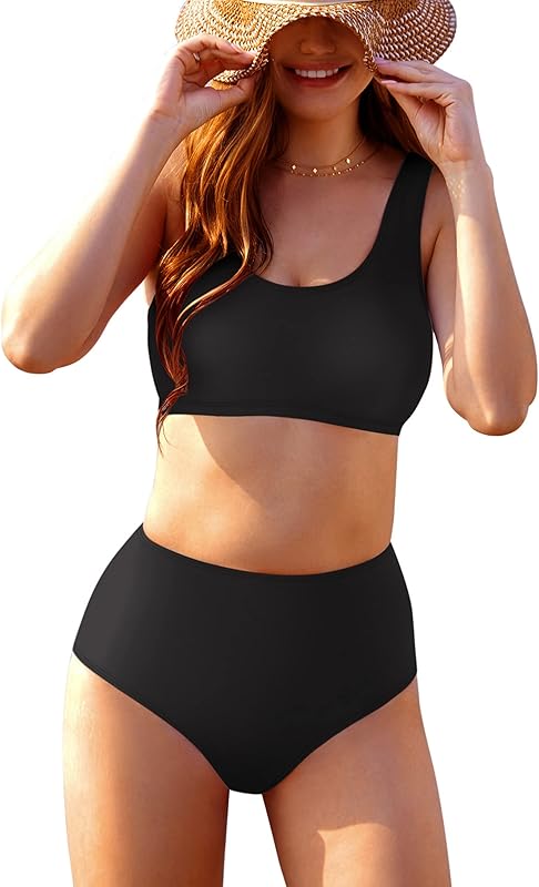 Womens High Waisted Bikini Color Block Swimwear Bandeau Top Sports Style Scoop Crop Swimsuit 2 Piece Bathing Suits - Seldom Seen Styles