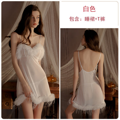 Womens Sexy 3 Piece Fuzzy Lingerie Set Transparent Tulle Nightshirt With Robe and G-String