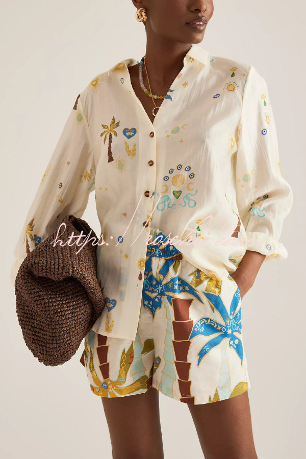 Linen Blend Summer Printed Collared Long-sleeved Shirt and Elastic Waist Pocket Casual Shorts Set - Seldom Seen Styles