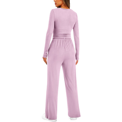 Autumn Solid Color Casual Suit Waist Pleated Long Sleeve Top with Trousers