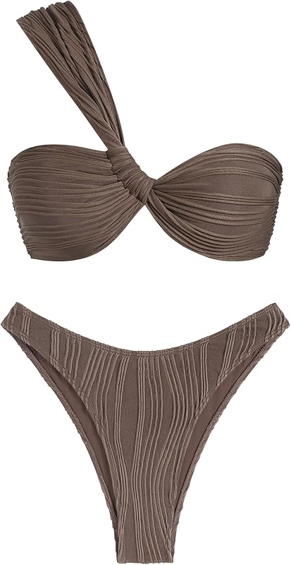 Women's One Shoulder Bikini Twisted Ruched High Cut Bandeau Bikini Set Two Piece Swimsuit - Seldom Seen Styles