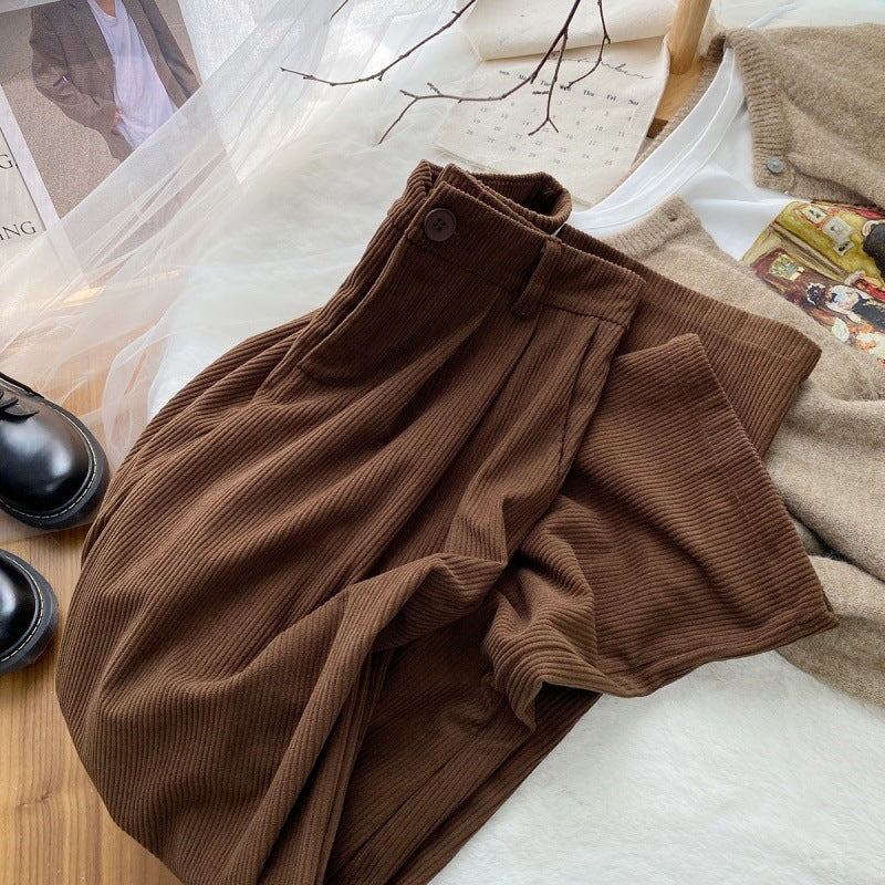 Corduroy Pants Wide Leg Women2023Autumn and Winter New High Waist Loose and Slimming Mopping Floor All-Matching Straight Casual Strip