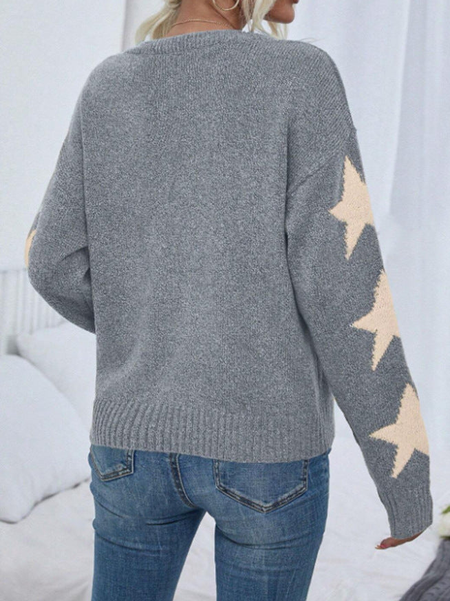 Fashion Solid Color Five-Pointed Star Sweater Crew Neck Pullover Autumn Winter Women's Knitwear