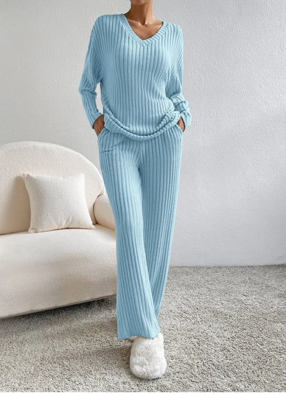 V Collar  Stripe Knitted Suit Two-Piece Set for Women2024Autumn New Fashion Casual Straight-Leg Pants Loose Temperament