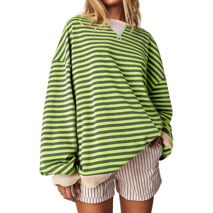 【Up To 3XL】Fisace Christmas Womenswear Striped Oversized Sweatshirt Color Block Crew Neck Long Sleeve Shirt Casual Loose Pullover Top Y2K Clothes back to school