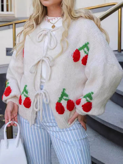 Cherry Embroidery Jacquard Cardigan Sweater Women's 2024Cute Easy Lace-up Sweater Coat