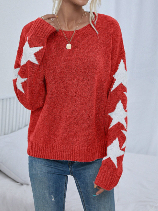 Fashion Solid Color Five-Pointed Star Sweater Crew Neck Pullover Autumn Winter Women's Knitwear