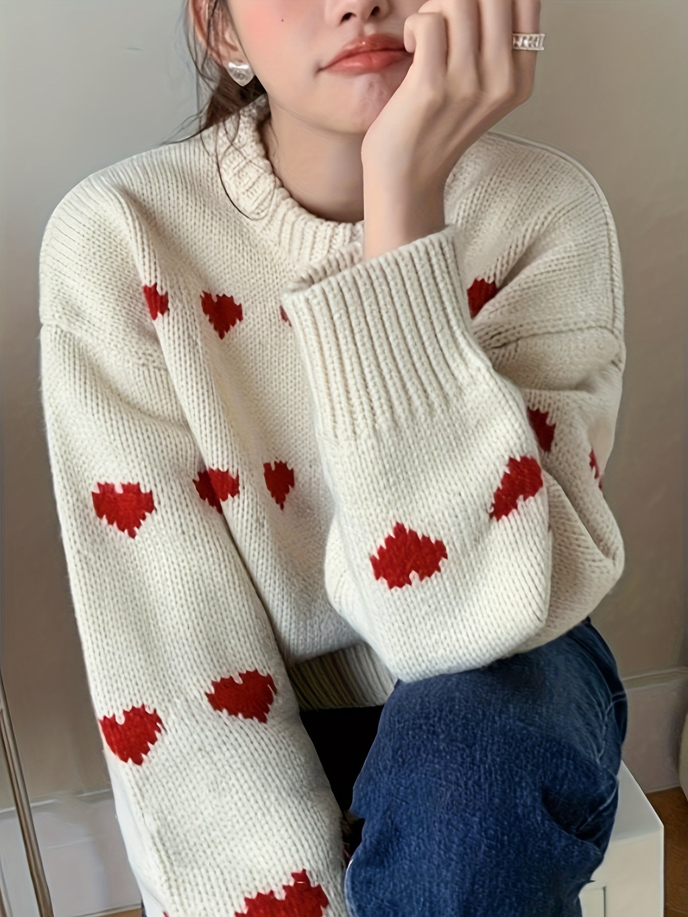 Heart Pattern Crew Neck Pullover Sweater, Valentine's Day Long Sleeve Drop Shoulder Sweater, Women's Clothing