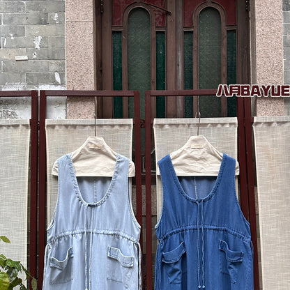 Women's Denim Sleeveless Drawstring Waist Midi Dress with Pockets Light Blue Dark Blue Casual Jean Dress