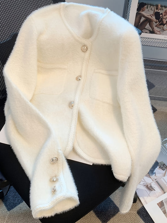 Fleece-Cardigan mit Knopfleiste und Rundhalsausschnitt, eleganter langärmliger Taschenmantel für Frühling und Herbst, Damenbekleidung