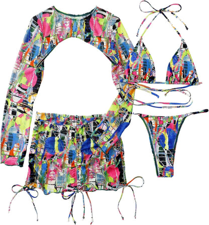 Women's 4 Piece Swimsuits Print Halter Bikini Set Bathing Suits with Cover Up - Seldom Seen Styles