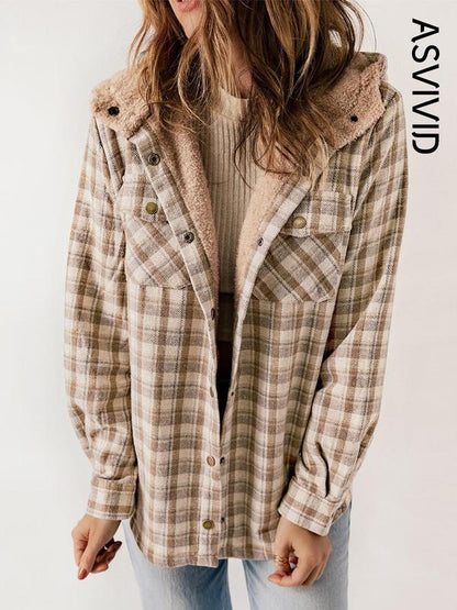 Women's Plaid / Houndstooth Print Button Front Hooded Coat, Casual Long Sleeve Pocket Coat for Fall & Winter, Ladies Outerwear for Daily Wear