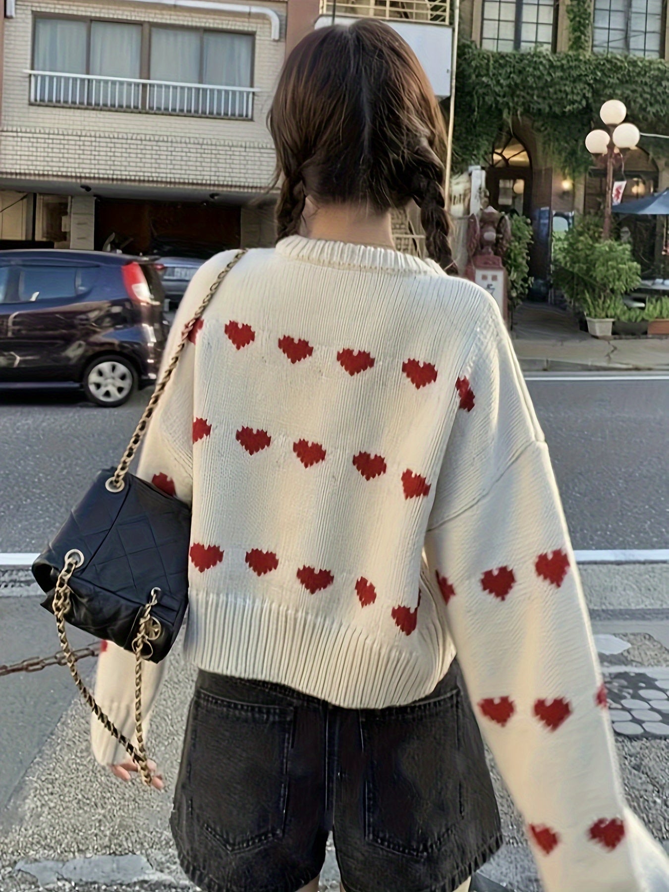 Pullover mit Rundhalsausschnitt und Herzmuster, Langarmpullover mit überschnittenen Schultern zum Valentinstag, Damenbekleidung