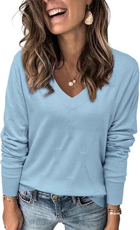 Womens Fall Tops 2024 Fashion V Neck Long Sleeve Shirts Blouse Knit Casual Pullover Sweater Cozy Clouds XS-3XL