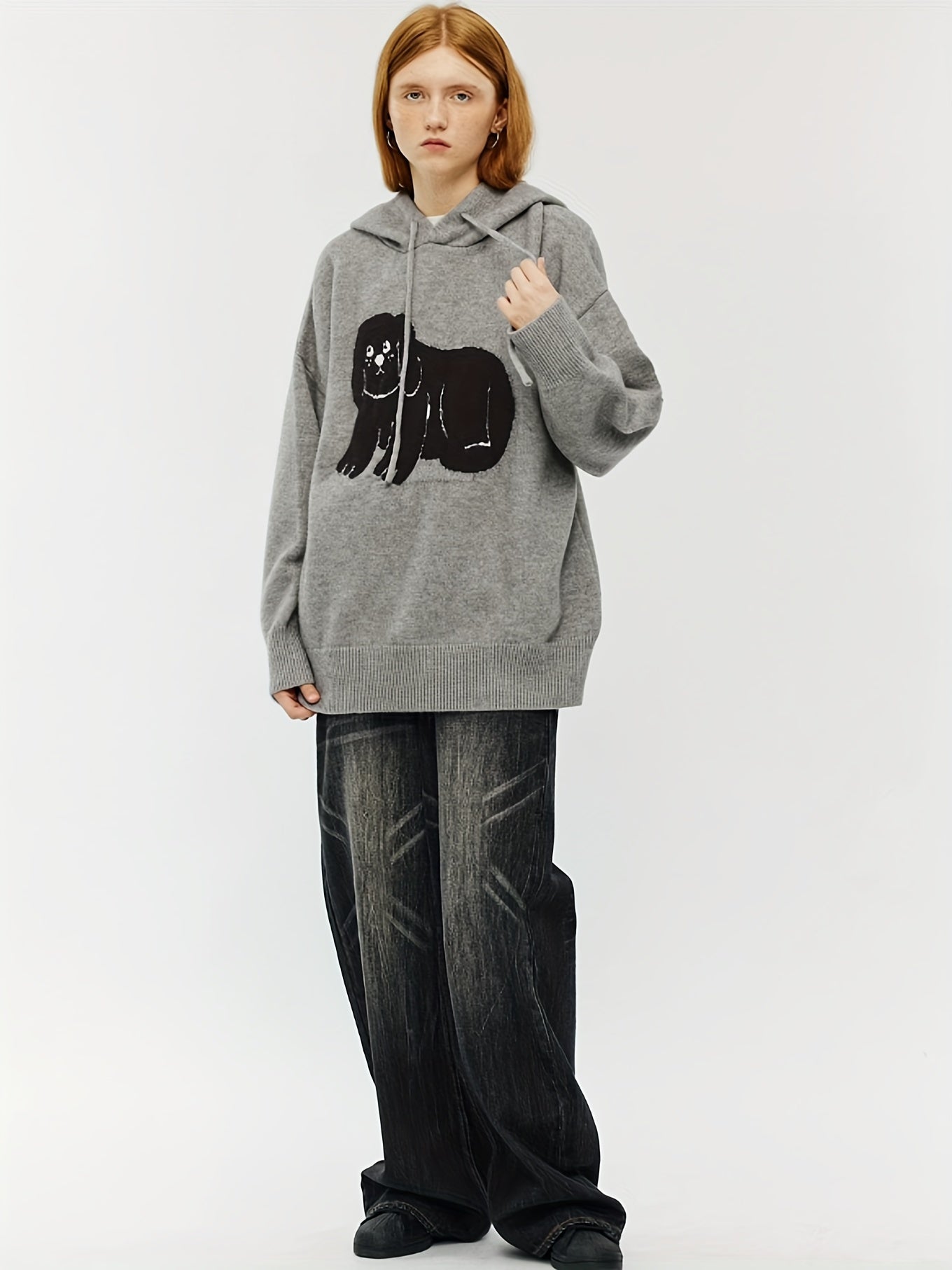 Cartoon Dog Pattern Drawstring Hooded Sweater, Casual Long Sleeve Loose Pullover Sweater, Women's Clothing