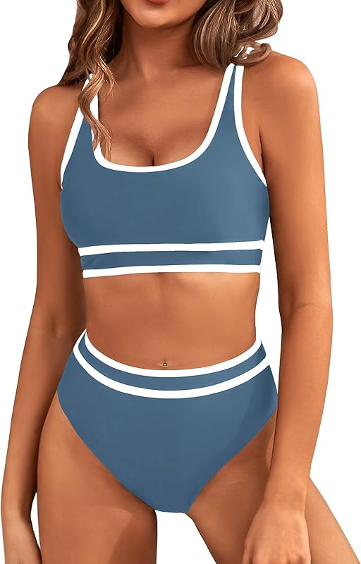 Women's High Waisted Bikini Sets Sporty Two Piece Swimsuits Color Block Cheeky High Cut Bathing Suits - Seldom Seen Styles