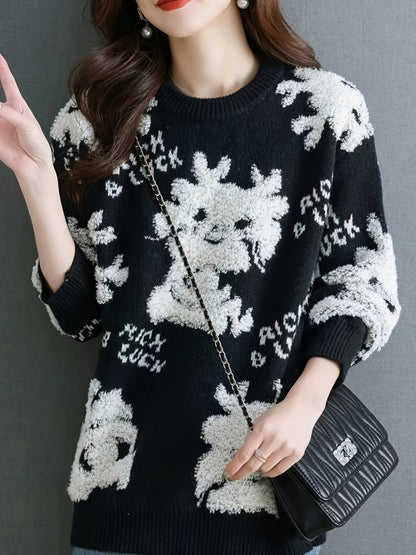 Dragon Pattern Crew Neck Pullover Sweater, Cute Long Sleeve Fall Winter Sweater, Women's Clothing