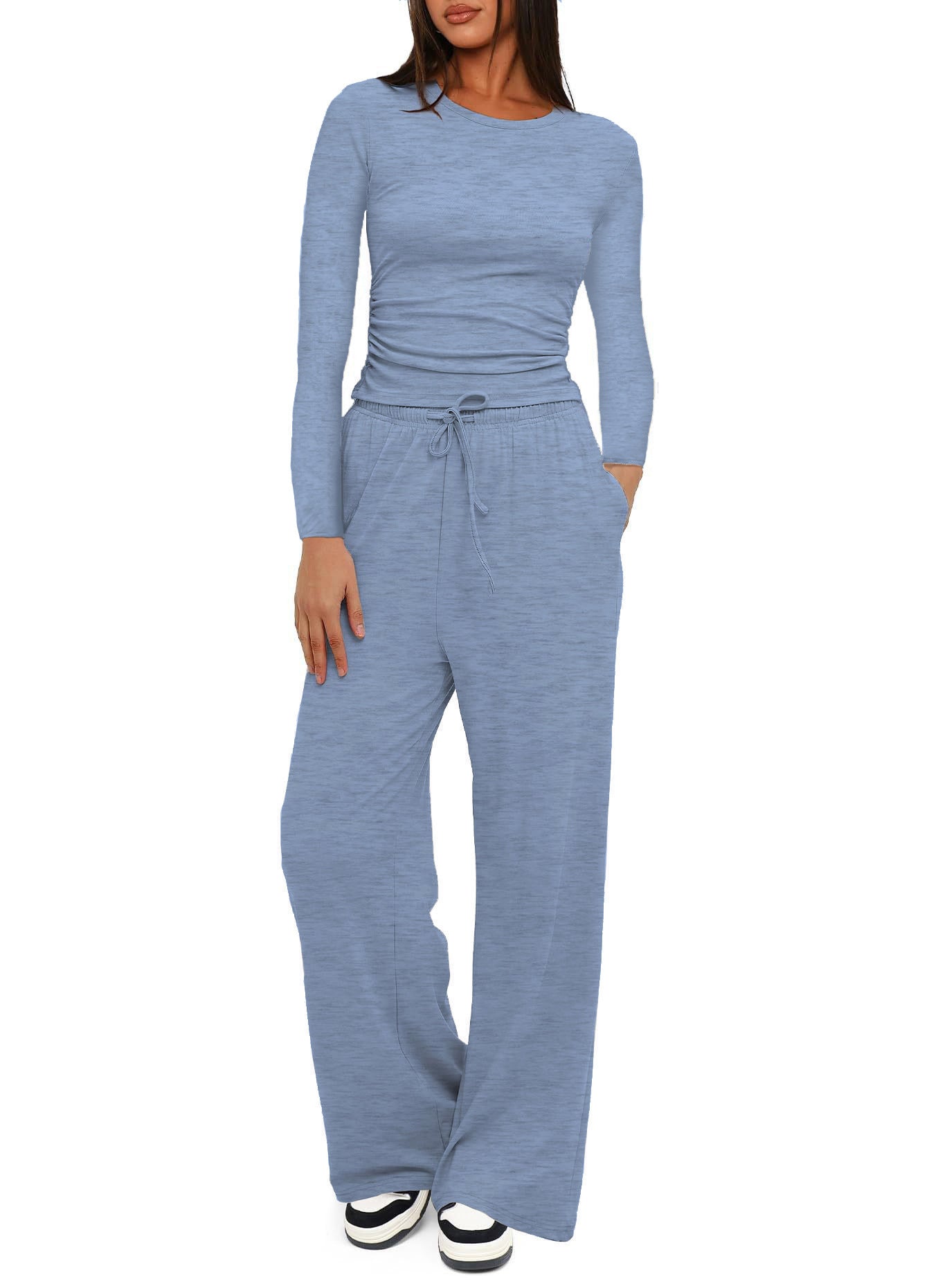 Two-piece Set Women's Solid Ruched Tee & Drawstring Pocket Pants Pajamas Set, Casual Long Sleeve T-shirt & Elastic Waist Trousers, Ladies Sleepwear  Loungewear for All Seasons - Seldom Seen Styles