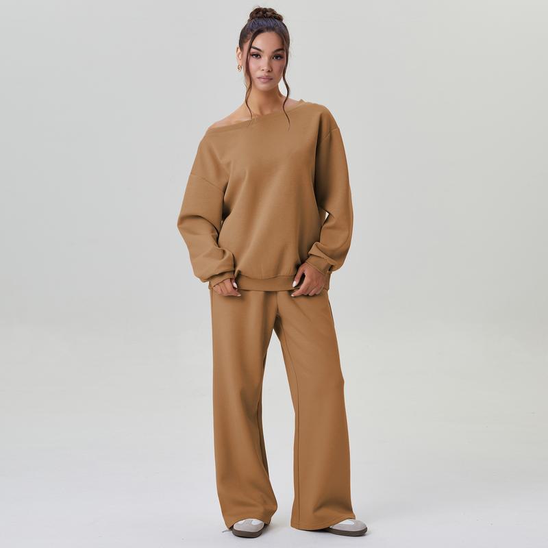 Women's Leisure Solid Color Sloping Shoulder Long Sleeve Top & Wide Leg Trousers Co-ord, Cozy Scoop Neck Loose Two Piece Outfits, Basic Womenswear - Seldom Seen Styles
