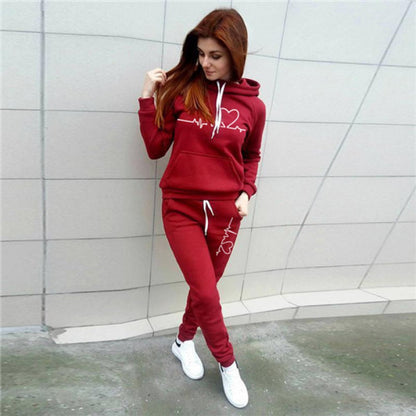 Two-Piece Set Women's Heart Print Raglan Sleeve Hoodie & Drawstring Waist Sweatpants Set, Casual Long Sleeve Hooded Pullover & Pocket Jogger Pants, Women's Fall & Winter Clothes, Holiday Outfits, Soft Clothes