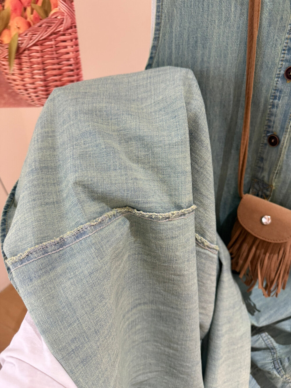 Women's Light Blue Denim Sleeveless Midi Dress Drop Waist Button Front with Free Fringe Crossbody Bag - Seldom Seen Styles