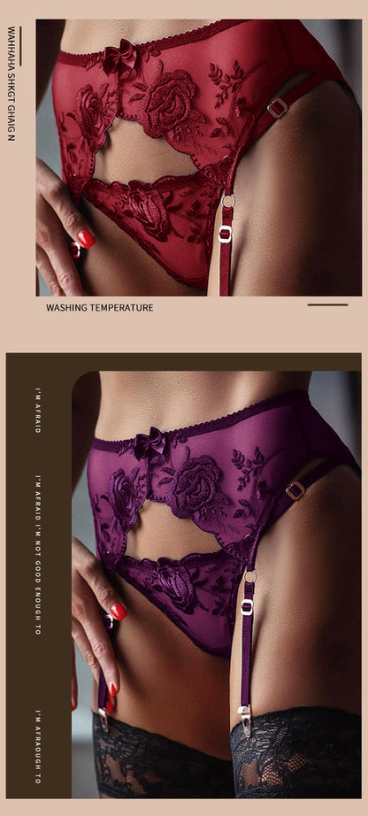 Women Floral Lace Garter Belt and G-String Set Plus Size Mesh Suspender Belt Sexy Embroidered Garter for Stockings