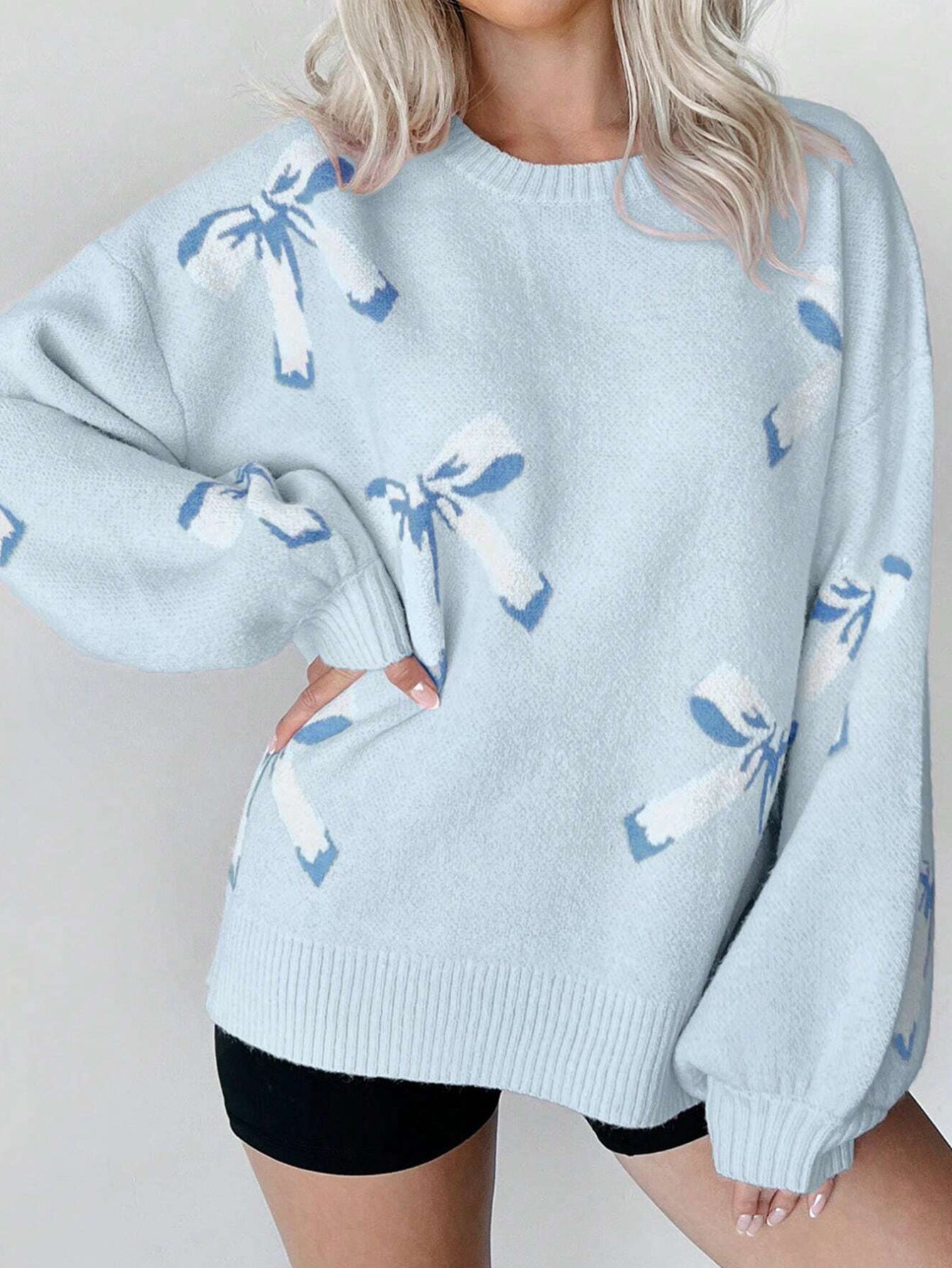 Women's  Popular Style Bow Jacquard Lazy and Loose Pullover Sweater