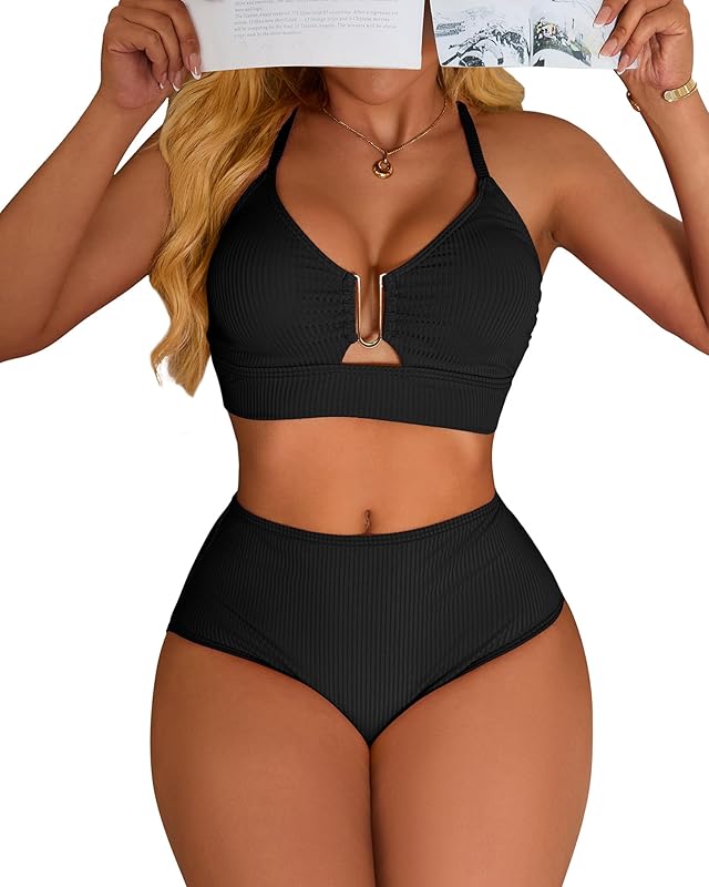 Ribbed High Rise Bikini Sets Women Large Bust Longline Modest Bikini Swimsuits 2 Piece - Seldom Seen Styles