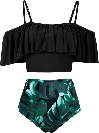 High Waisted Flounce Bikini Set,Tummy Control Swimsuits for Women,Off Shoulder - Seldom Seen Styles