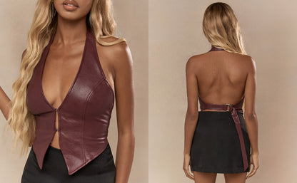 Women's PU Leather Halter Tank Tops Sexy Deep V Neck Asymmetrical Vest Corset Party Clubwear